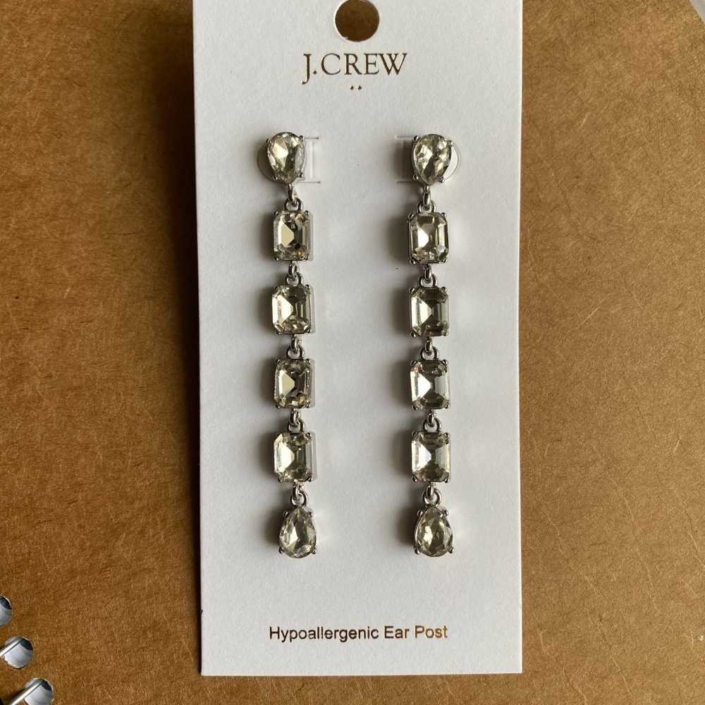 J Crew Factory Crystal Drop Earrings Clear Silver Dangle Statement New JCrew - Picture 5 of 5